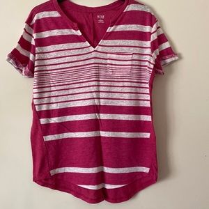 A.N.A linen blend short sleeve pocket tee shirt top small split neck stripe pink